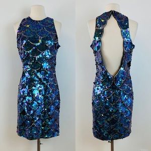 Vintage Blue + Silver Sequin Beaded Mermaid Scales Open Back Mini Dress
